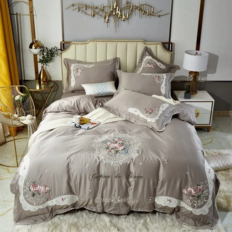 

Premium Egyptian Cotton Floral Embroidery Bedding Set Yellow Grey Vintage Duvet Cover Bed Sheet Pillowcases Queen King size 4Pcs