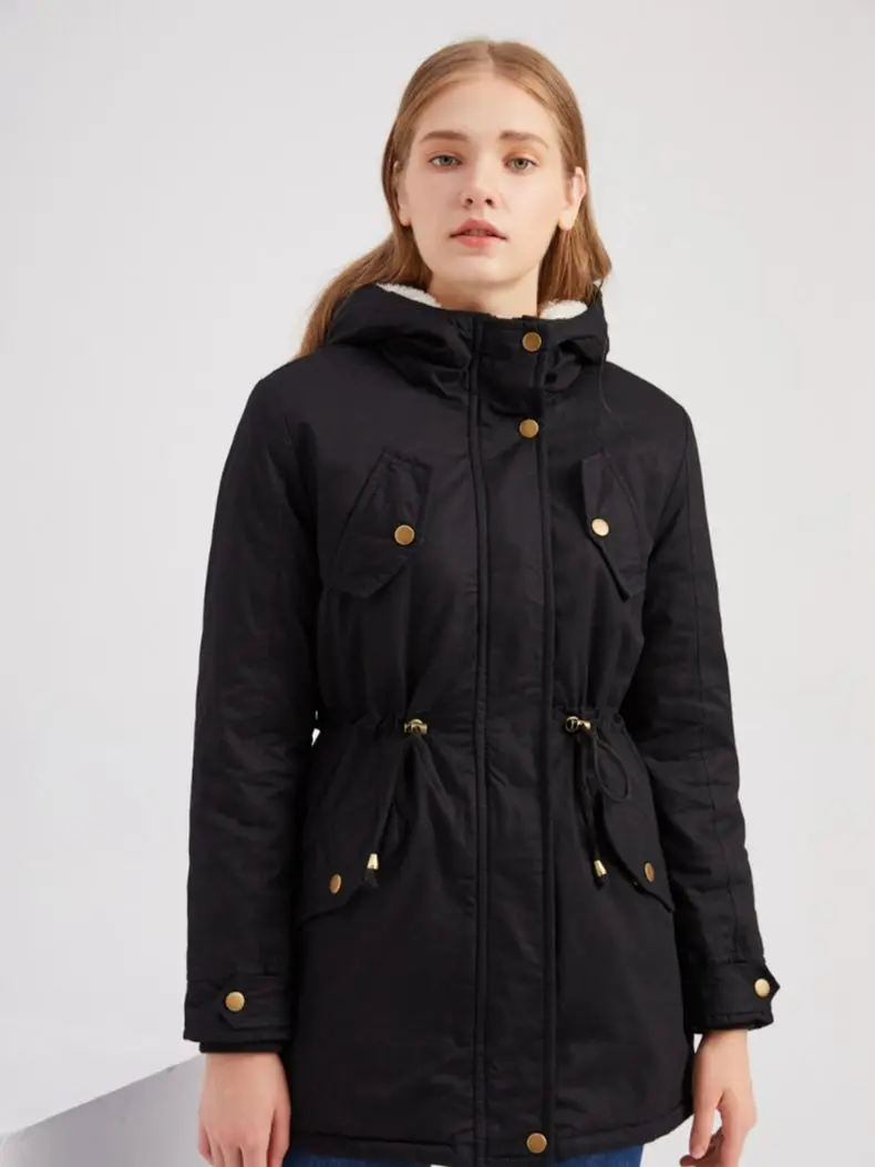 Miflame Autumn and Winter Solid Color Hooded Parka Coat Thick Cotton Plus Velvet Cotton Long Loose Coat  Plus Size Winter Coat
