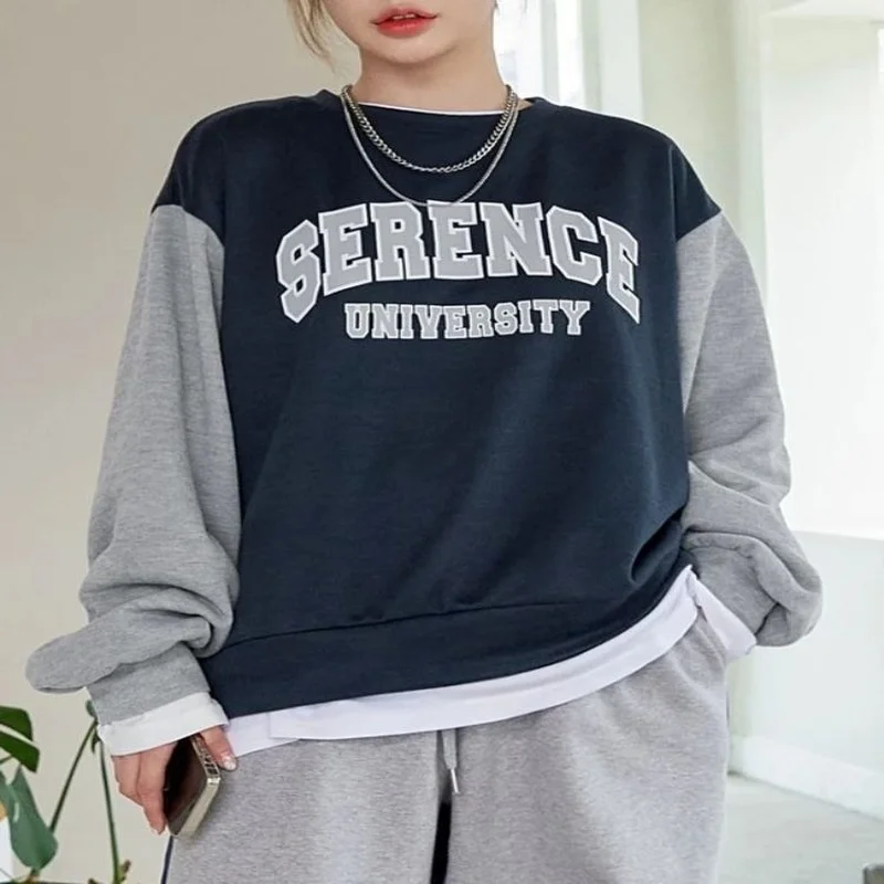 

Женский свитшот с пэчворком и надписью, пуловер с круглым вырезом и длинным рукавом, повседневный студенческий спортивный в стиле преппи, о...