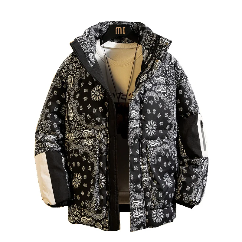 2021 winter new down men's down jacket Japanese cashew flower print short couple models stand-up collar bread jacket