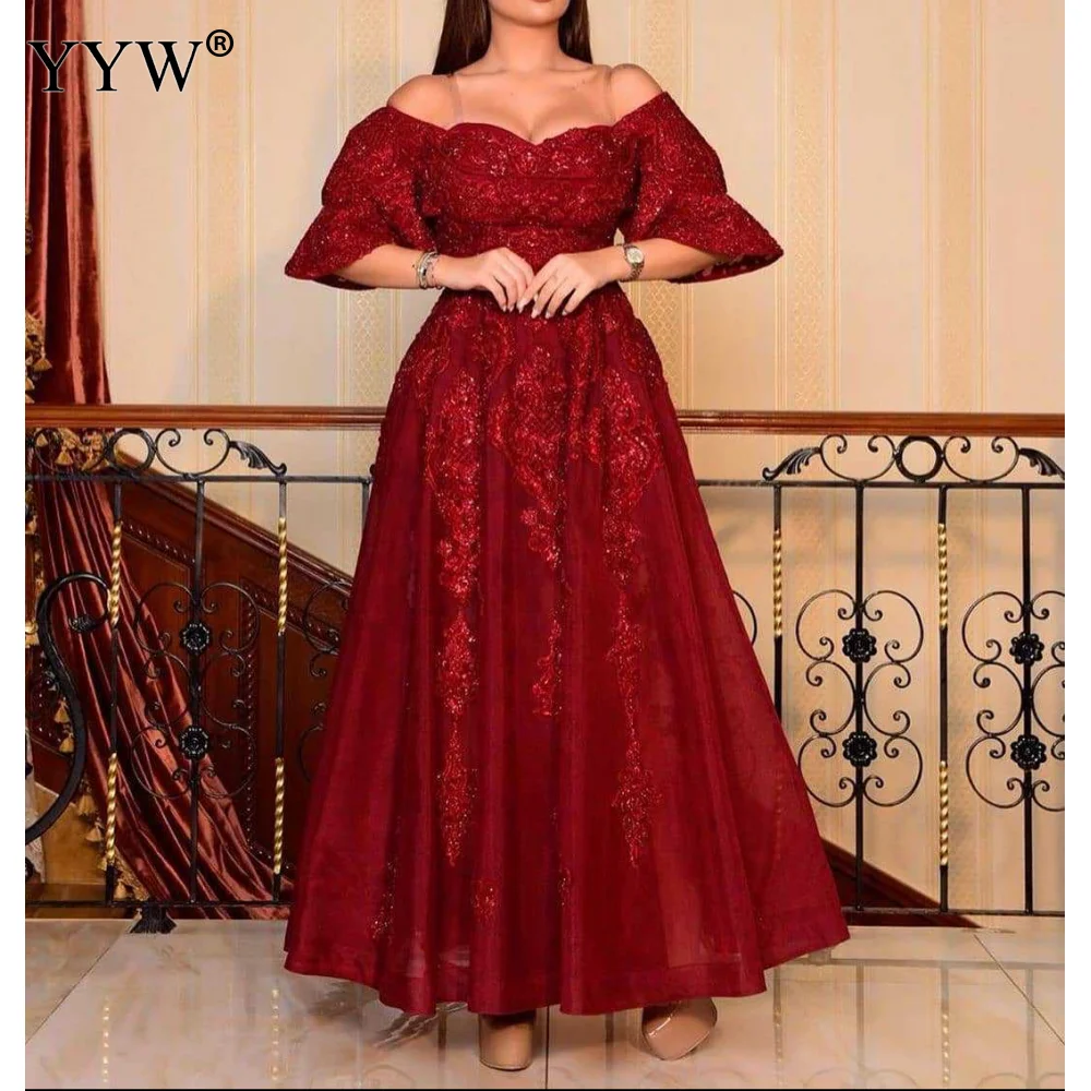 Женские вечерние платья красного цвета Длинные с оборками и открытыми плечами