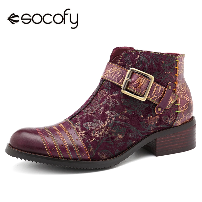 

Socofy Retro Bohemian Boots Women Shoes Woman Spring Autumn Cow Leather Motorcycle Boots Zipper Chunky Heel Ankle Shoes 2020