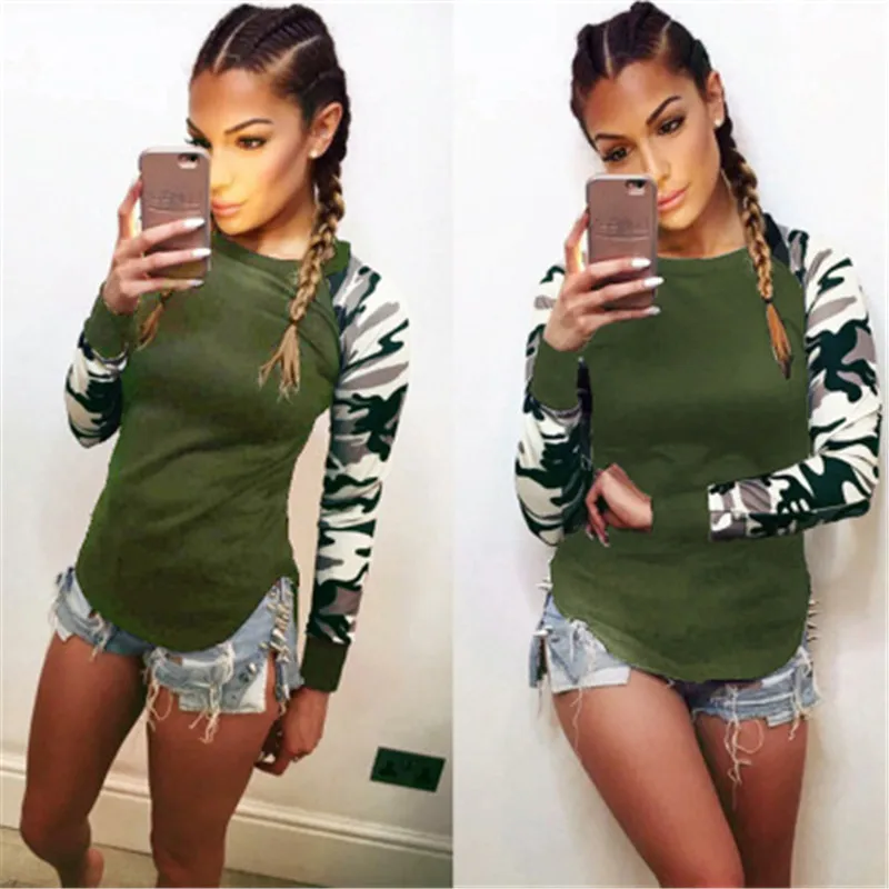 T-shirts For Women Autumn Long-sleeved Camouflage Print Patchwork Top T-shirt Female Casual Streetwear Black Cotton Shirt Slim | Женская