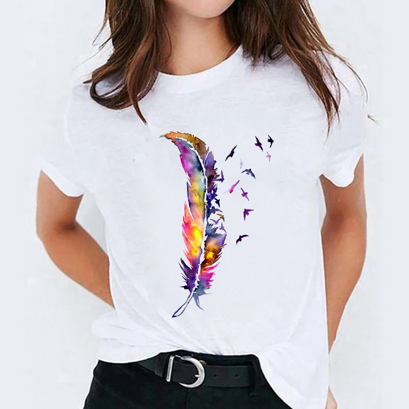 

T-shirts Top for Women Watercolor Feather Bird Cartoon 90s Casual Print Lady Womens Graphic T Shirt Ladies Female Tee T-Shirt