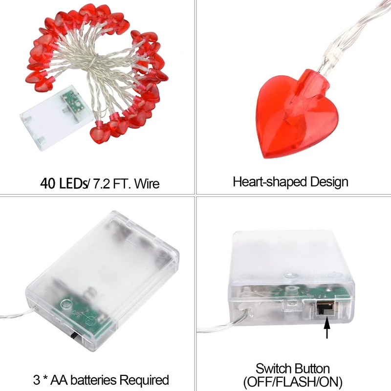 

40LED Love Heart Shaped String Lights Bedroom Lights Decorations,Fairy Lights Valentine's Day String Light Party Wedding