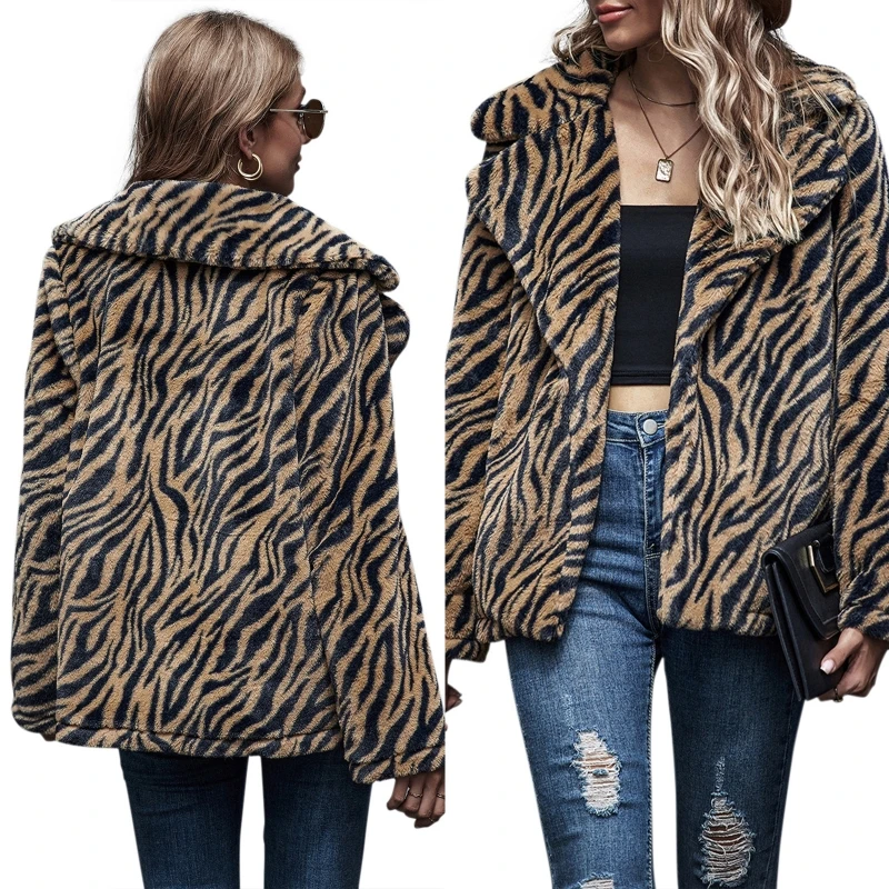 

Women Long Sleeve Fuzzy Plush Coat Vintage Zebra Stripes Printed Jacket Notched Lapel Collar Loose Cardigan with Pockets 2021