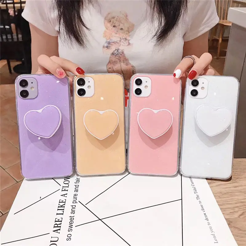 

Candy Color Stand Holder Phone Case For iPhone 12 11 12Pro Max XR XS Max X 6S 7 8 Plus 11Pro SE 2 Glitter Love Heart Back Cover