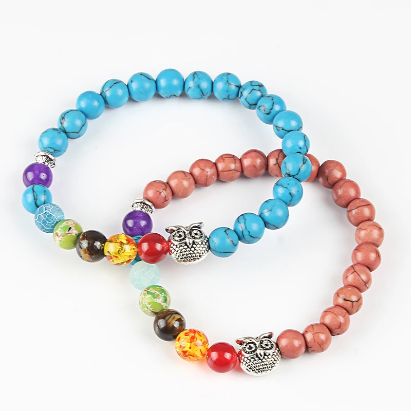 Браслет с натуральным камнем бирюзовый белый черный матовый чакра Сова слон