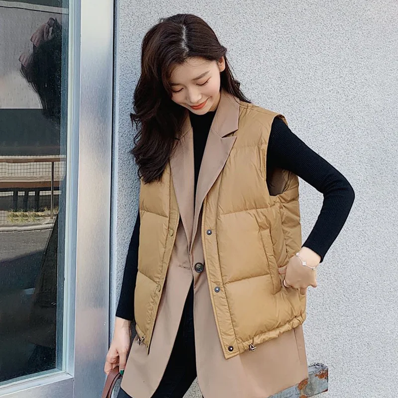 

Поддельные пуховики из двух частей для женщин, осень 2021, Ультралегкая черная одежда с карманами, отложной воротник, легкий пуховой жилет