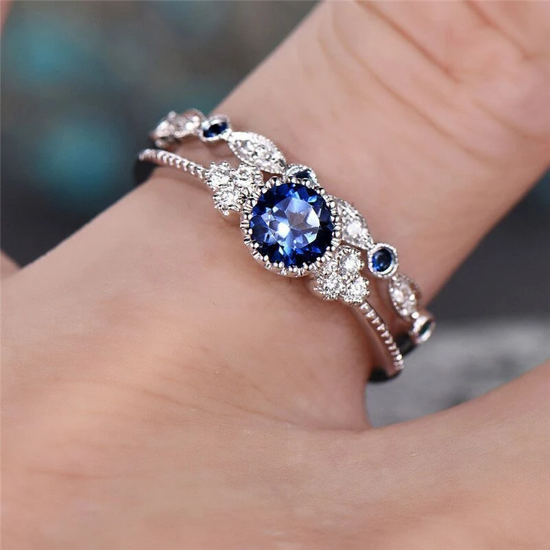 

2Pcs/Set Luxury Green Blue Stone Crystal Finger Rings For Women Sliver Color Wedding Engagement Bands Jewelry Gifts 2021 New