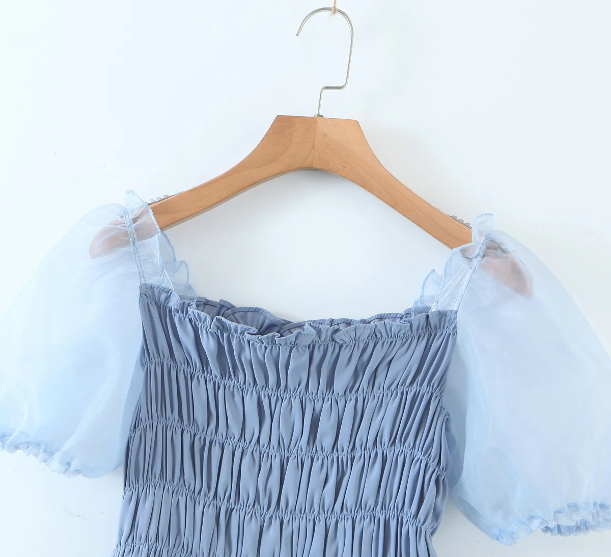 

Summer women tops and blouses casual short ruffled solid elasticity slim shirt sexy mesh puff sleeve femme vestidos