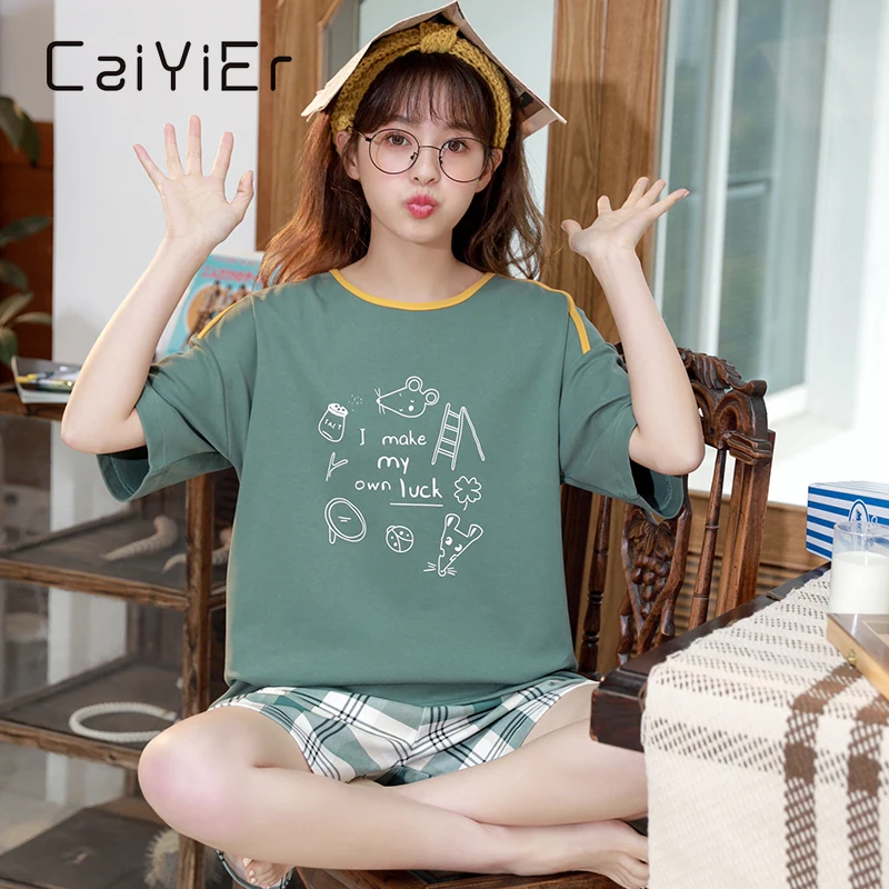 CAIYIER New Summer Short Sleeve Women Pajama Set Cute Cat Print Cartoon Home Clothes 2Pcs Sleepwear Female Shorts Loose Nighties