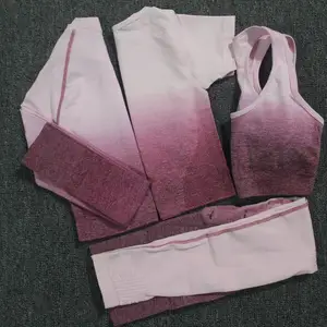Набор для йоги из 4 предметов, бесшовные леггинсы с эффектом омбре, спортивный бюстгальтер с длинным рукавом + короткий топ с коротким рукавом, женская одежда для бега, тренажерного зала, спортивный костюм для фитнеса