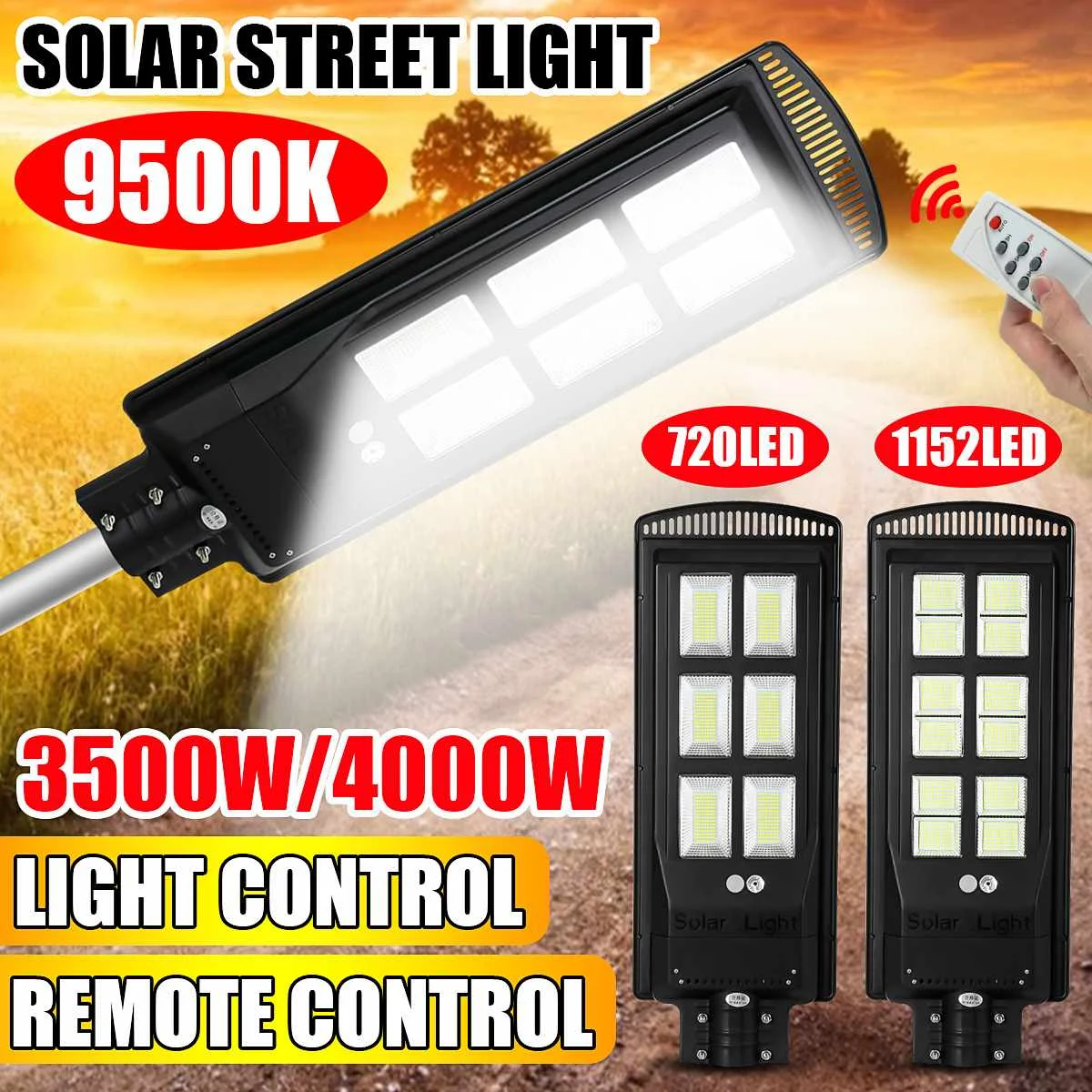 

3500W 4000W LED Solar Street Light Radar PIR Motion Sensor Lamp with Remote Controller for Outdoor Garden Patio Street Lighting