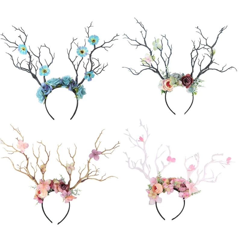 

Reindeer Antlers Headband Tree Stick Floral Garland Christmas Party Headpiece