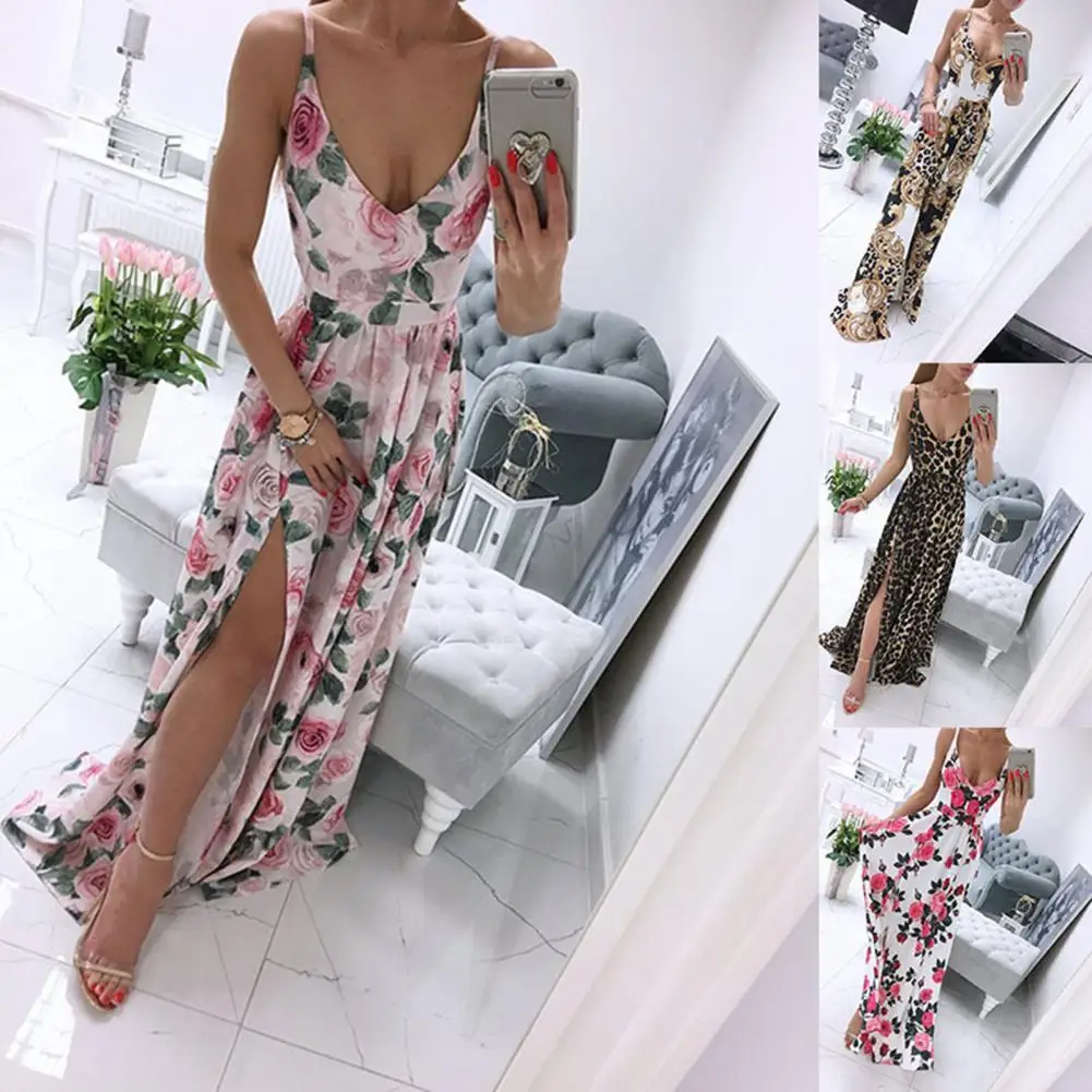 

Hot Sales!! Women Bohemian Sling Dress Spaghetti Straps Floral Print Deep V Neck Slit Hem Full-length Dress for Party