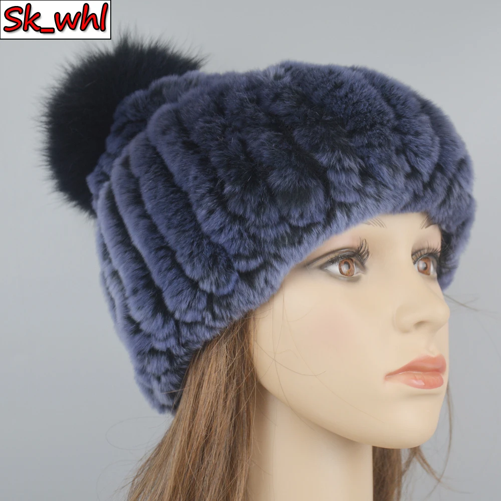 

Women Striped Knitted Real Fur Hat Natural Warm Rex Rabbit Fur Hats Top Fox Fur Pompom Caps Lady Quality Real Rex Rabbit Fur Cap