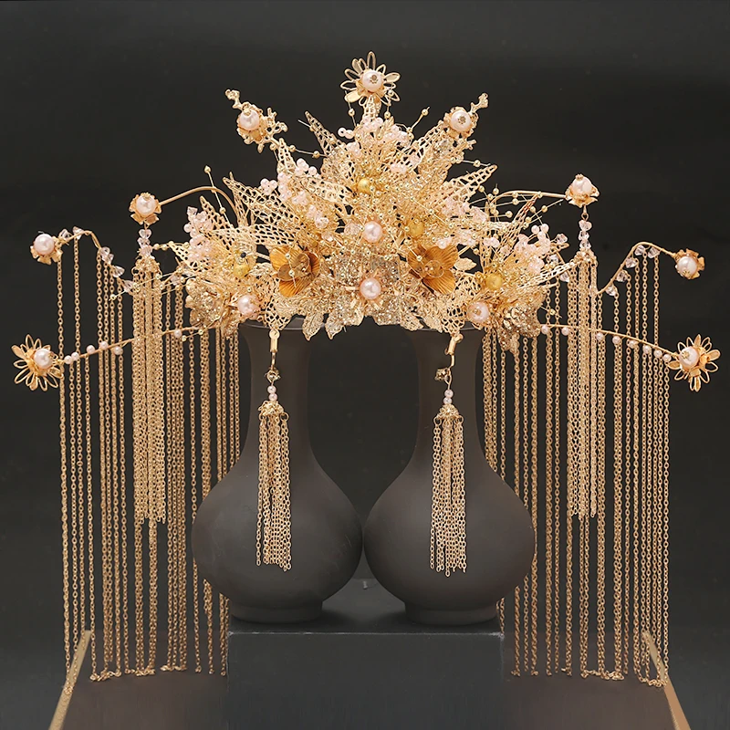 

Bridal Headdress Ancient Costume Golden Chinese Phoenix Crown Buyao Tassel Wedding Hair Accessories Dragon Gown Tuinga Ornament