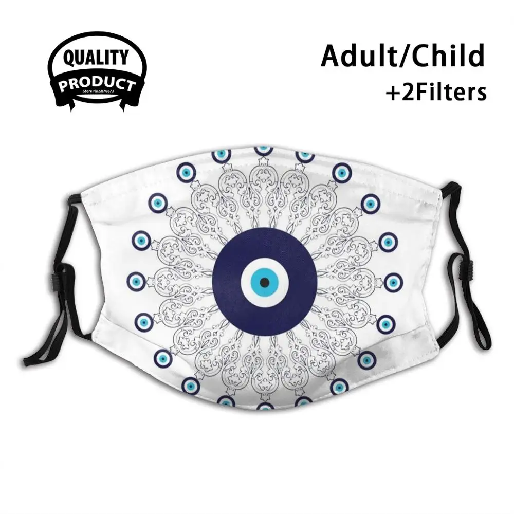 

Маска средиземноморская моющаяся многоразовая для лица, маска от пыли с узором мандалы и сглаза, моющийся фильтр, голубая, белая