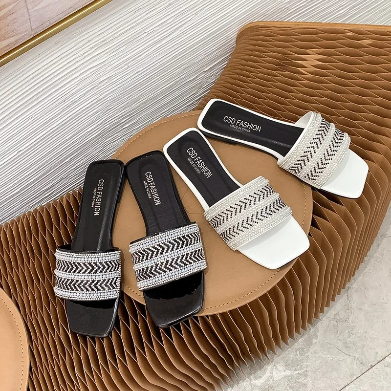 

Spring Summer Chaussures Beach Rome Style Retro Casual Shoes Outdoor Flat Heel Open Toe Slipper Women Bling Crystal Slippers