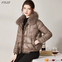 ftlzz winter vintage button real fox fur collar down jacket women 90 duck down jacket female snow thick warm irregular outwear