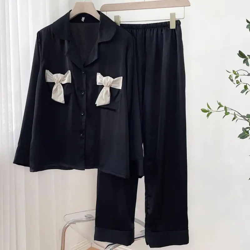 

Women 2PCS Pajamas Set Black Bow Long Sleeve Pijamas Suit Sleepwear Soft Rayon Trouser Suits Intimate Lingerie Casual Homewear