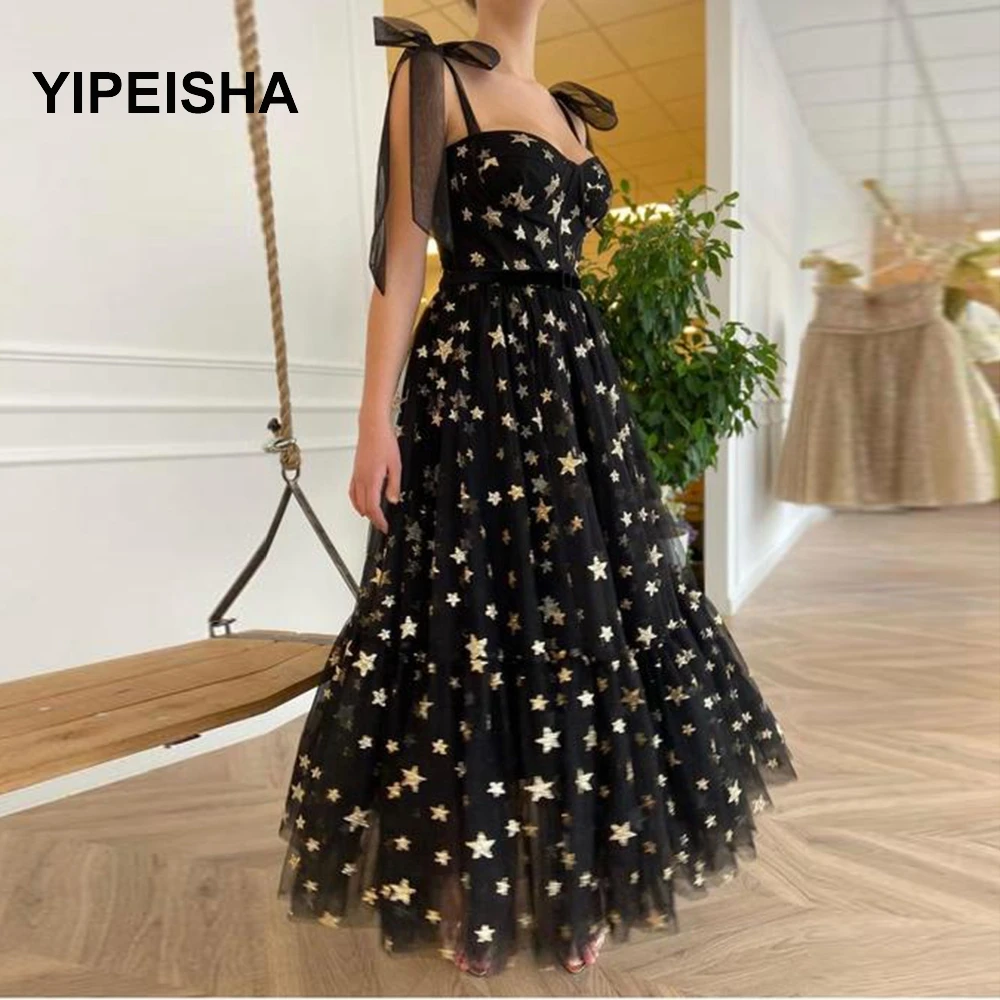 

Glitter Shiny Gold Stars Prom Dresses Spaghetti Strap Sweetheart A-Line Black Arabic Evening Gown Tulle Clubbing Party Dress