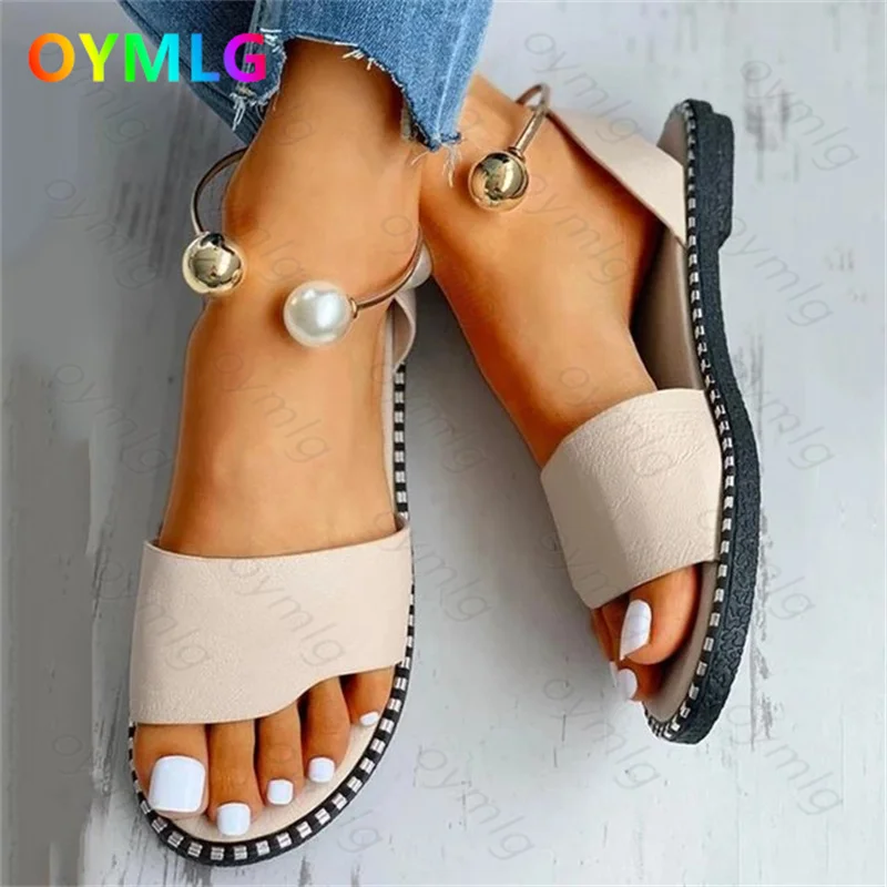 

2021 new large size sandals female one-word beaded foot ring sandals flat casual fashion slippers fashion shoes