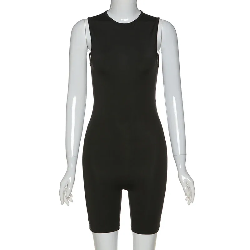 

Sexy Black Sleeveless Biker Shorts Rompers Womens Jumpsuit Summer 2021 One Piece Playsuit Bodycon Tracksuit