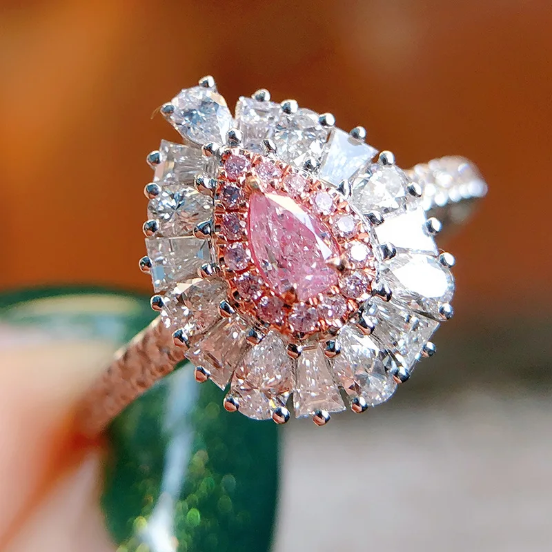 

New Big Pear Shape Accent Stone Rings Rose Gold Pricess Cut full CZ Band Wedding Engagment Tear Drop Pink Pinky Ring For Women