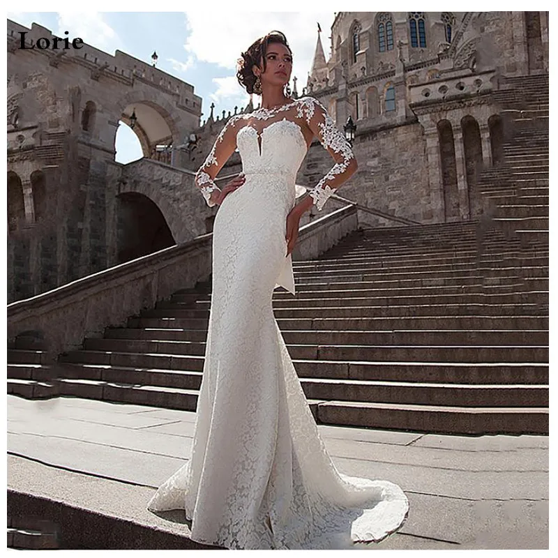 

LORIE Mermaid Wedding Dress 2019 Long Sleeves Lace Appliques Bridal Dress Buttons Back Beach Wedding Gowns