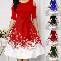 red dress women 2021 new belted snowflake print cold shoulder round neck dress plus size fashion ladies christmas party dress