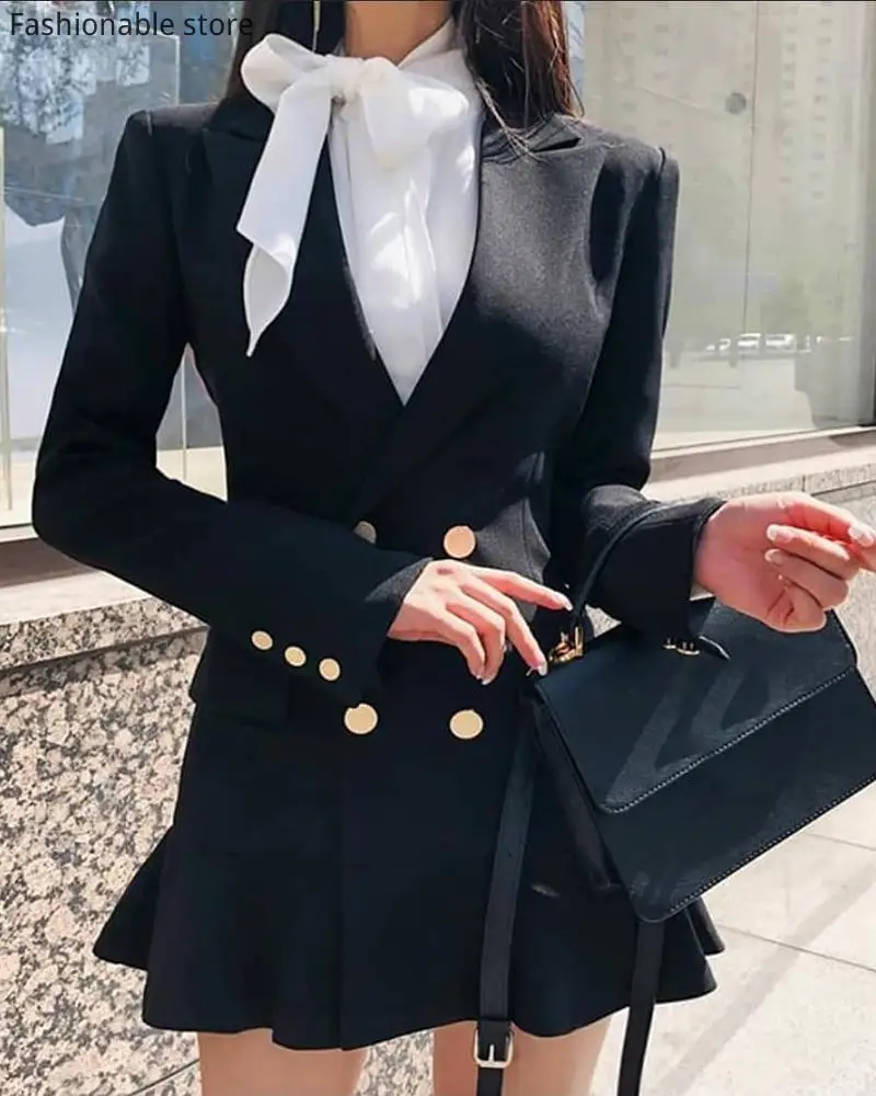 

Women Workwear Double Breasted Pocket Design Ruffles Blazer Dress