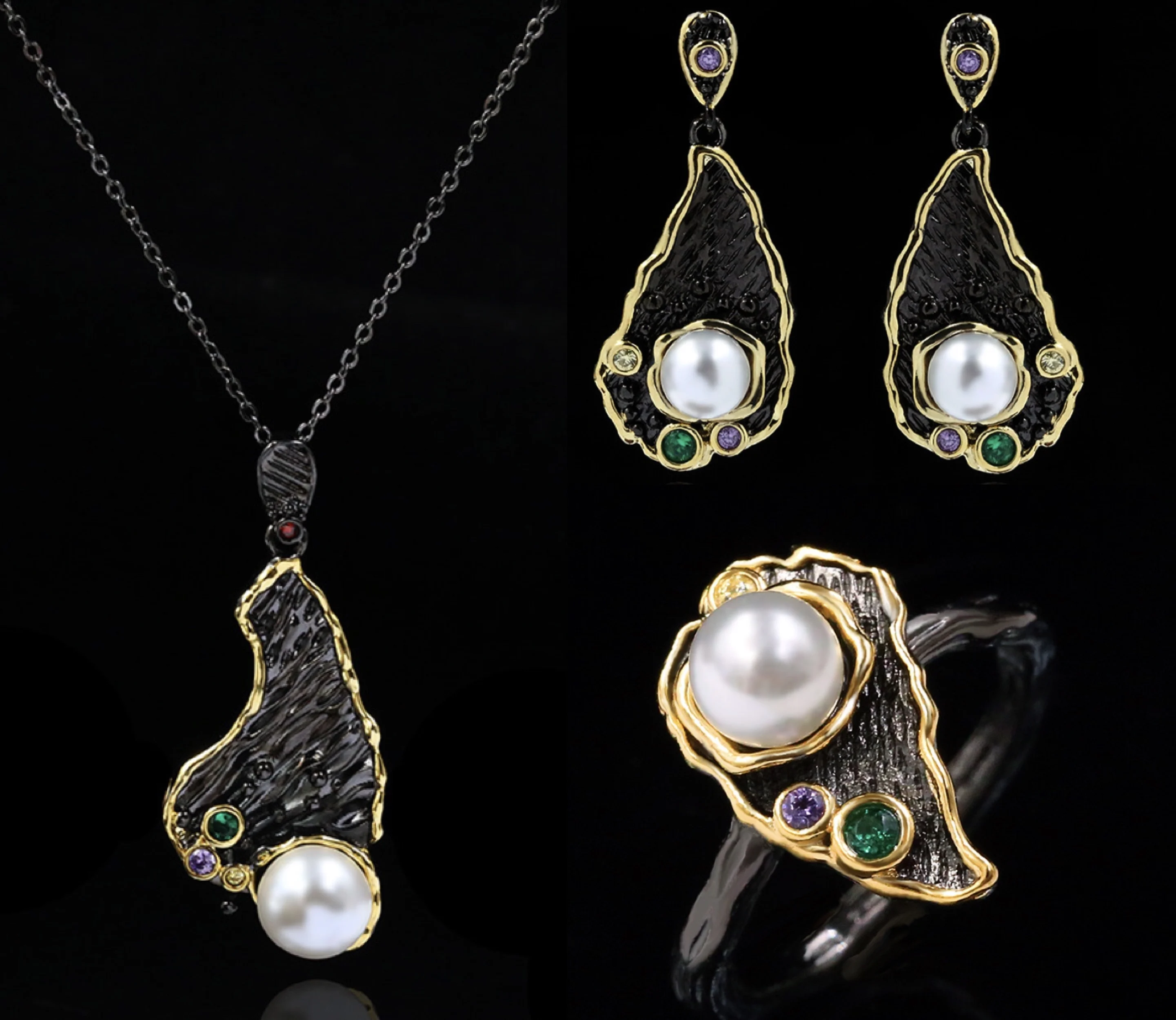 

3 шт./компл. богемный жемчужный кулон ожерелье кольца серьги женский винтажный современный комплект ювелирных изделий из черного золота