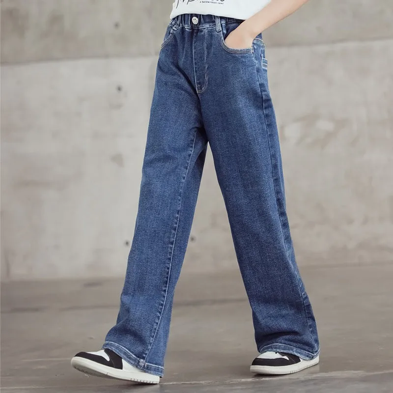 

Kids Leg Wide Jeans For Girls Casual Cozy Blue Denim Trousers Teenage Spring Outdoor Slacks Children Autumn Wearable Jeans 4-14y