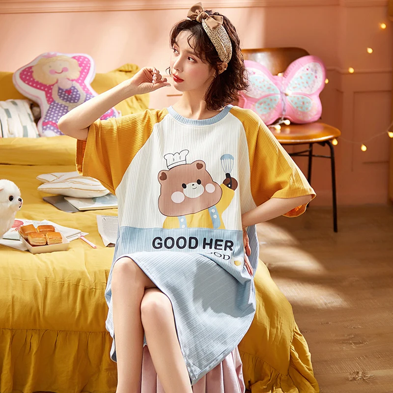 Летняя ночная рубашка хлопковая для сна размера плюс пижама милая мультяшная