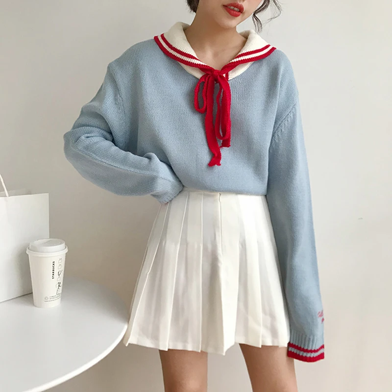 

Women Fall Japan Style Kawaii Sailor Collar Jumper Indie Lace-Up Long Sleeve Sweater Winter New Pullover Woman Cute Sweaters