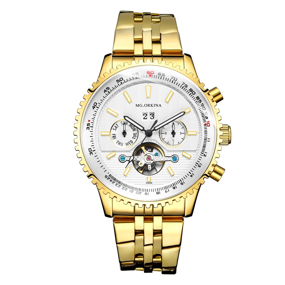 

Мужские автоматические механические наручные часы MG.ORKINA, Подарочная коробка из нержавеющей стали с турбином на День/неделю/месяц