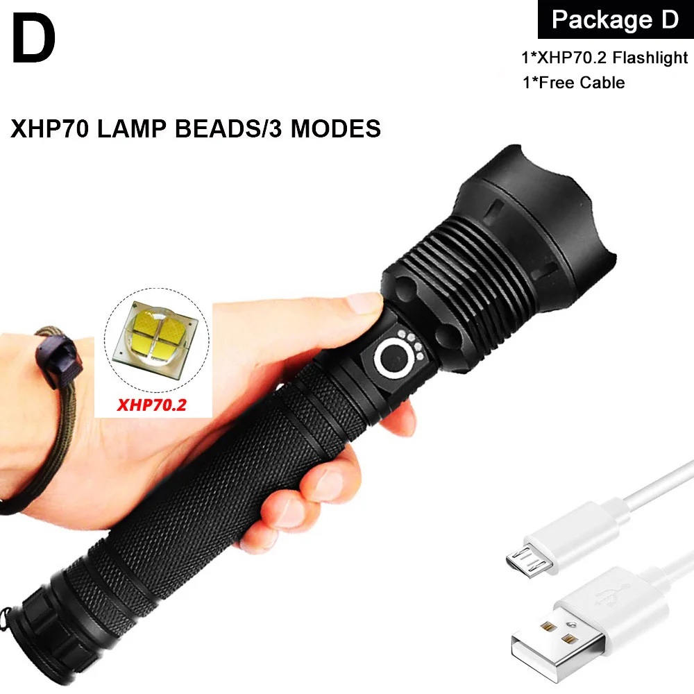 EZK20 дропшиппинг XHP90 светодиодный светильник-вспышка с зумом USB Перезаряжаемый мощный дисплей мощный фонарь 18650 26650 ручной светильник - Испускаемый цвет: Package D-XHP70