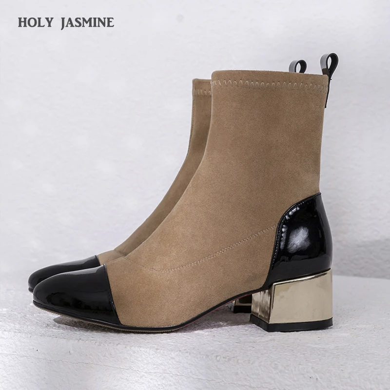 

Spring/Autumn Genuine Leather Flock Boots Slip-On Round Toe Women Ankle Boots Add Velvet Inside Women Shoes TPR