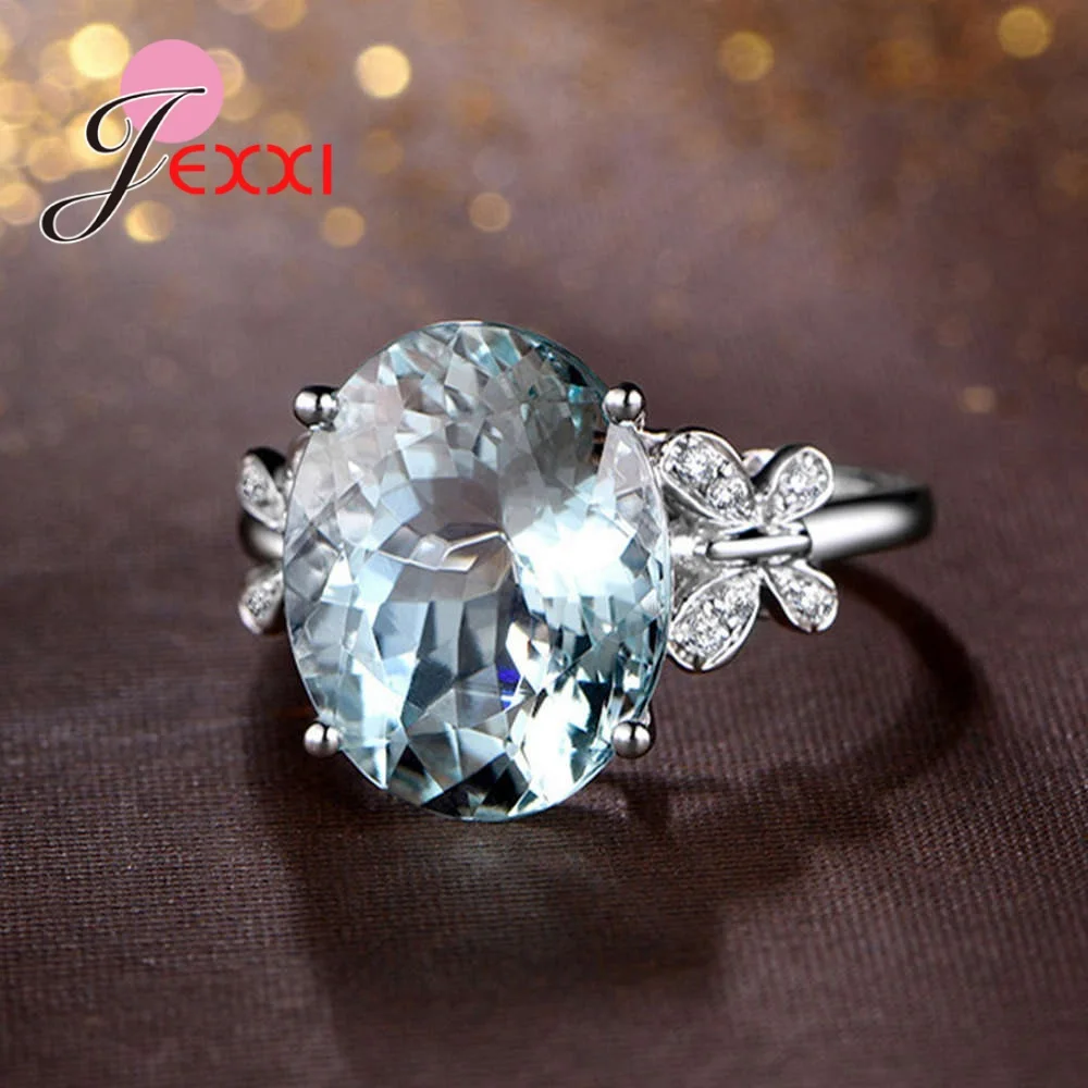 

Elegant Genuine 925 Sterling Silver Crystal Finger Rings Fine Big Oval Egg Cubic Zircon Women Jewelry Wedding Engagement Gift