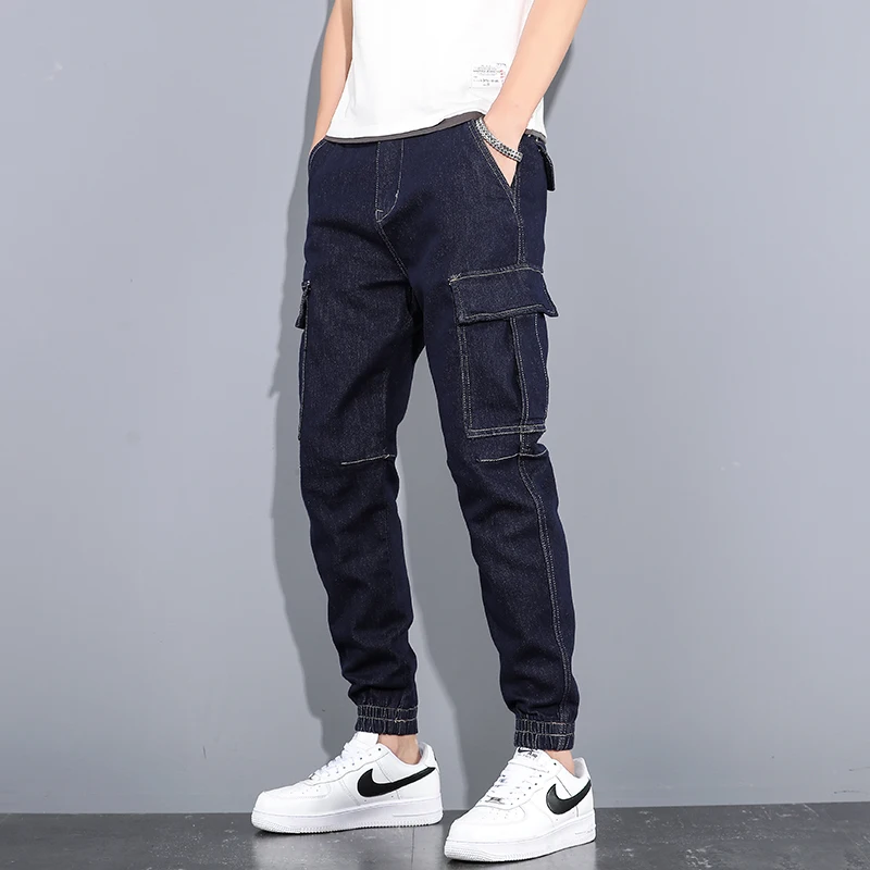 

Japanese Vintage Fashion Men Jeans Ankle Banded Designer Big Pocket Denim Cargo Pants Streetwear Hip Hop Joggers Harem Jeans Men