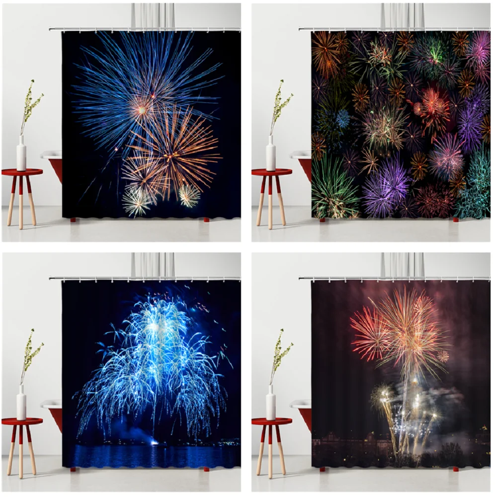 

City Night Landscape Shower Curtain Pretty Fireworks Over Water Waterproof Polyester Fabric Bath Accessories Machine Washable