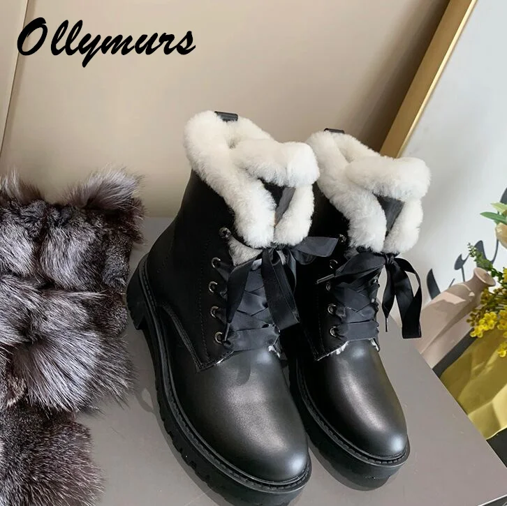 

Ollymurs Genuine Leather Fur Warm Snow Boots Lace Up Comfortable Winter Cozy Boots Brand Designer Botas Mujer Female Women Shoe