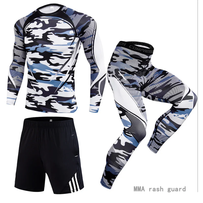 

3pc/set Long T shirt Men Fitness Leggings Jogging Pants MMA Compression clothing Quick dry Full Man Tracksuit Rashgard Male