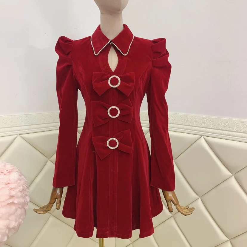 

Christmas Party Dress Women Vestido Feminino Fall Winter New Puff Sleeve Diamond Bowknot Velvet Dress Slim Short A-line Dresses