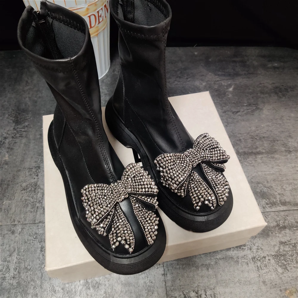 

OEING Womens Round Toe Rhinestones Big Bowknot Ankle Boots Platform Mid Heel Shoes Stretchy Black X-mas Gift