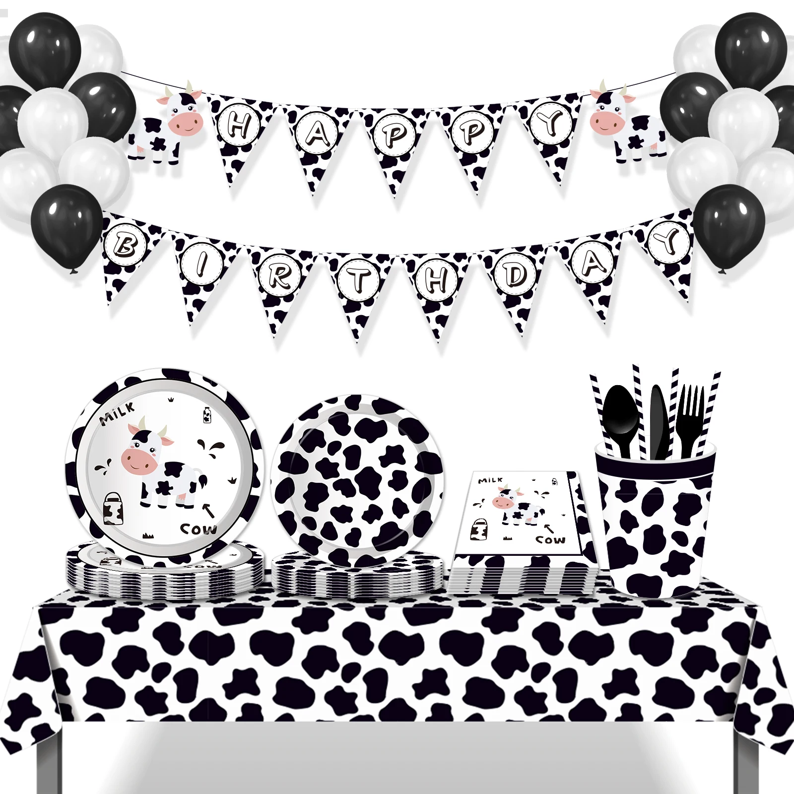 

MM090 Disposable Tableware Cutlery Set Dairy Milk Cow Farm Animal Theme Festival Party Baby Shower Happy Birthday Party Supplies
