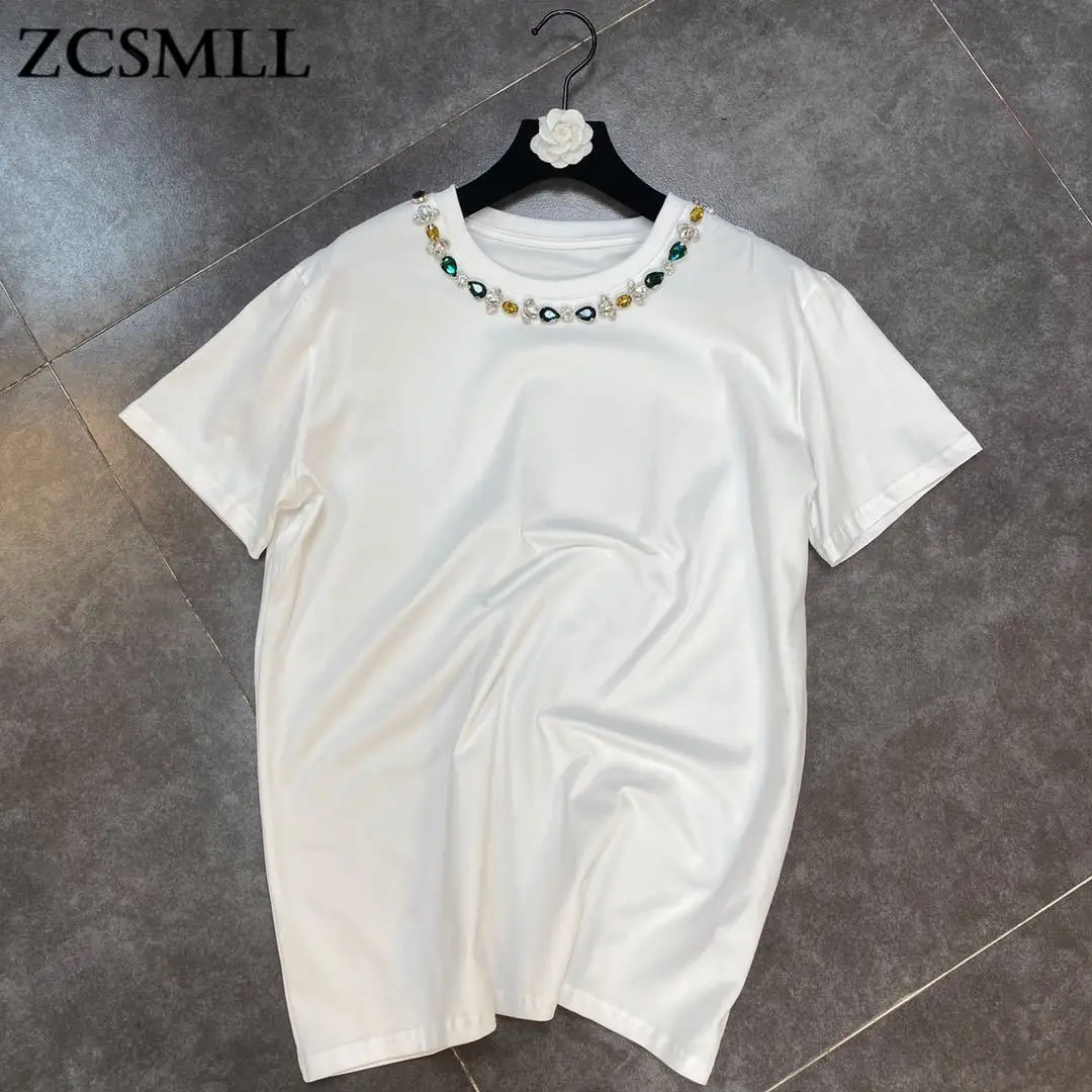

ZCSMLL Solid Color Casual Women Tops 2021 Summer Color Diamond Round Neck Short Sleeve Loose Version Trendy T-shirt