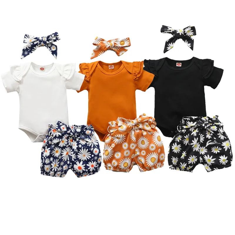 

Newborn Baby Suit Set Solid Color Round Collar Short Sleeve Romper+ Floral Print Shorts+ Waistband+ Headband for Summer